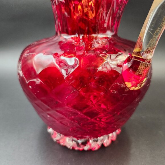 Vintage Art Glass Red Quilted Jug Ewer Applied Handle - Picture 8 of 16